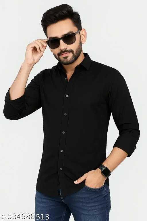 Cotton Blend Solid Shirts for Men, Black (XXL)