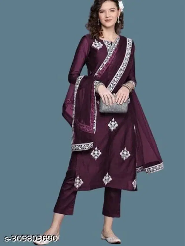 Rayon Embroidered Kurta with Pant & Dupatta for Women (Multicolor, S)