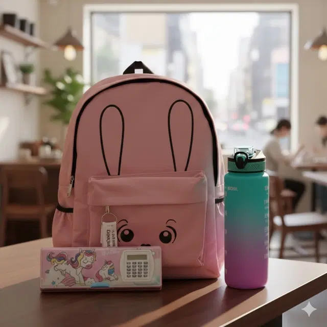 Polyester Backpack with Plastic Water Bottle, Unicorn Pencil Case Set for Men & Women, Multicolour, Set of 1