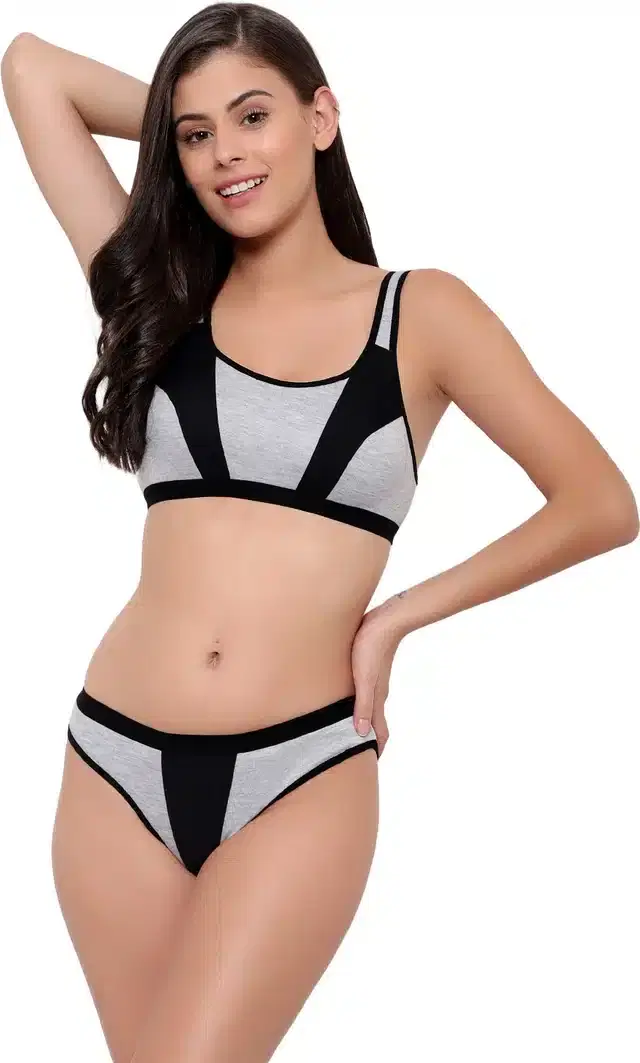 Cotton Blend Lingerie Set for Women (Black, 36)