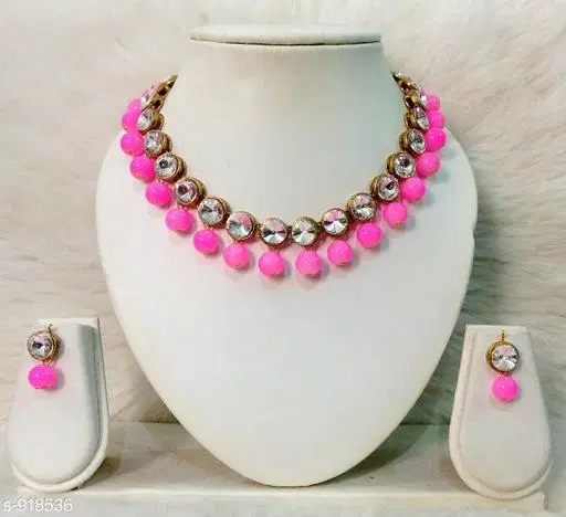 Trendy Alloy & Kundan Beads Necklace Set for Women & Girls, Pink