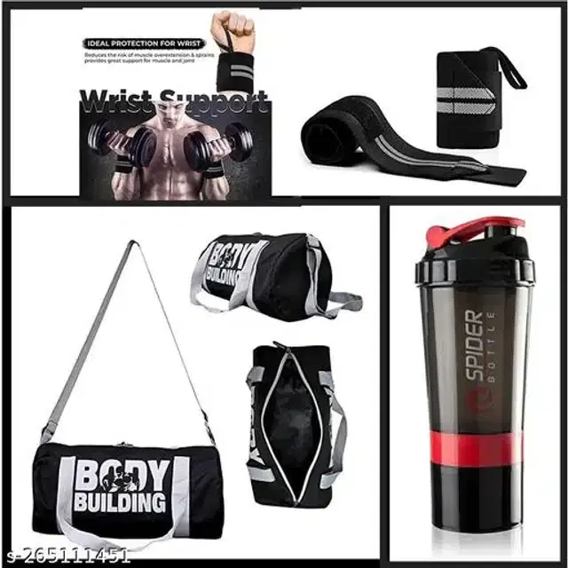 Combo of Gym Bag with Shaker Bottle, 500 ml, Wrist Support Bands, Multicolor, Set of 3