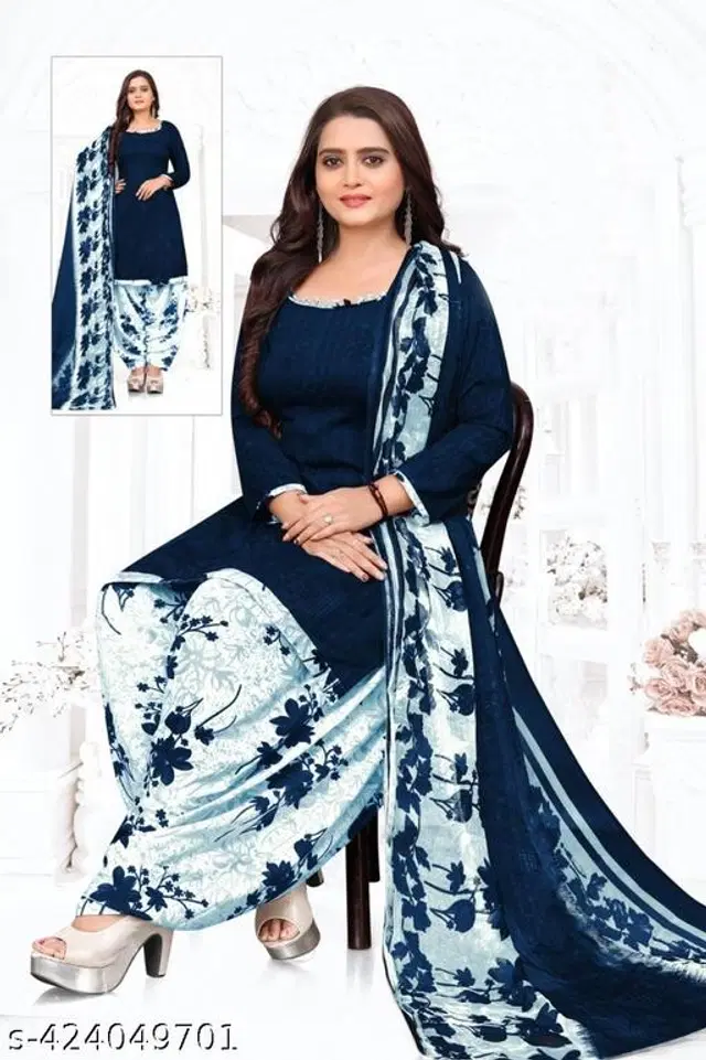 Crepe Printed Unstitched Suits Fabrics for Women (Blue & White, 2.25 m)