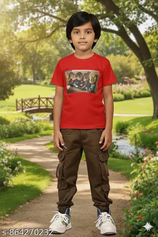 Printed Cotton Blend Tshirts for Boys (Red, 12-13 Years)