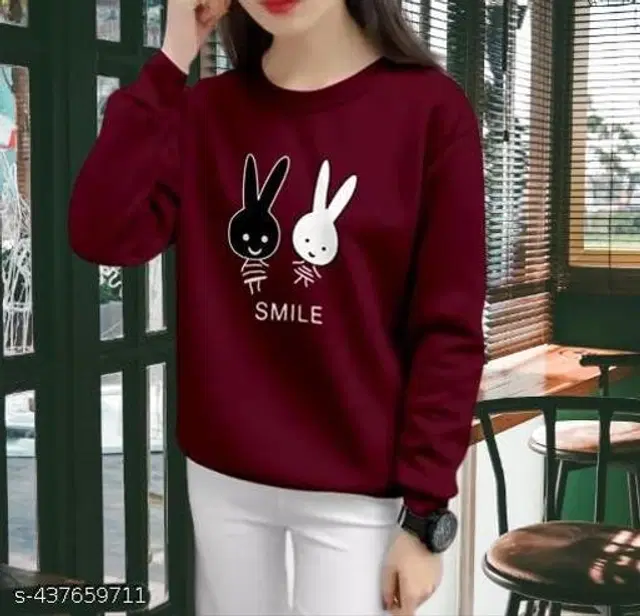 Cotton Blend Printed Sweatshirt for Women (Maroon, S)
