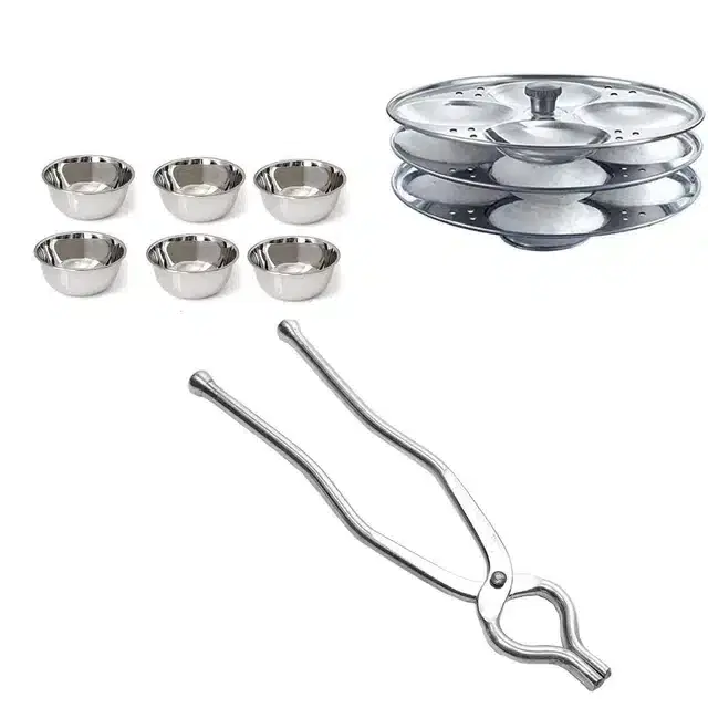 Stainless Steel 6 Chatni Katori, Sandasi & Idli Making Stand of 3 Plates, Combo of 3