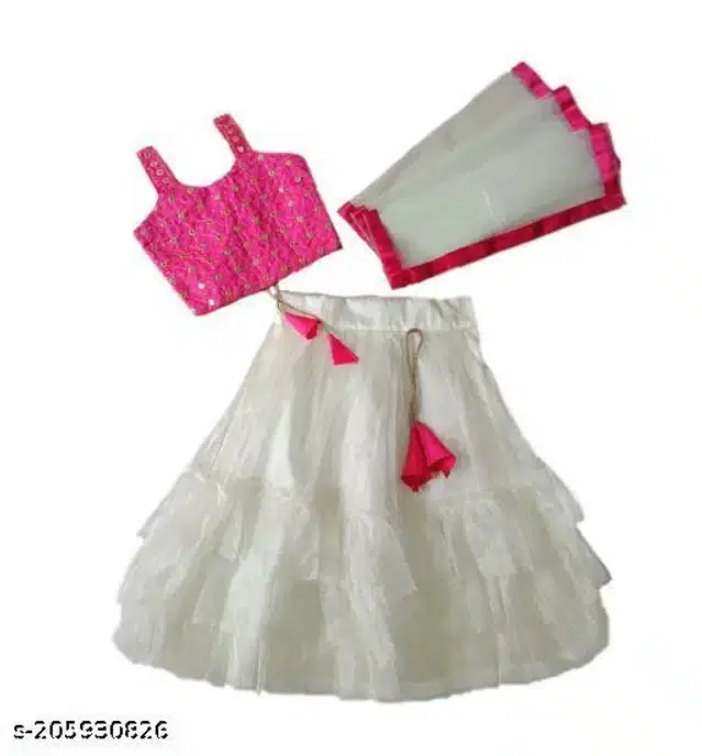 Taffeta Silk Lehenga with Choli & Dupatta for Girls (White & Pink, 12-18 Months)
