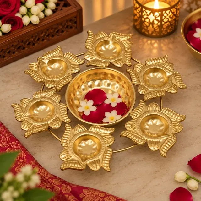 Metal Swastik Urli Diya 10 Inch, Decorative Oil Lamp For Pooja, Home & Diwali Decoration