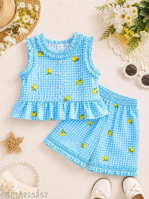 Cotton Mango Print Gingham Frill Sleeveless Top and Shorts Set for Girls (Blue, 3-6 Months)