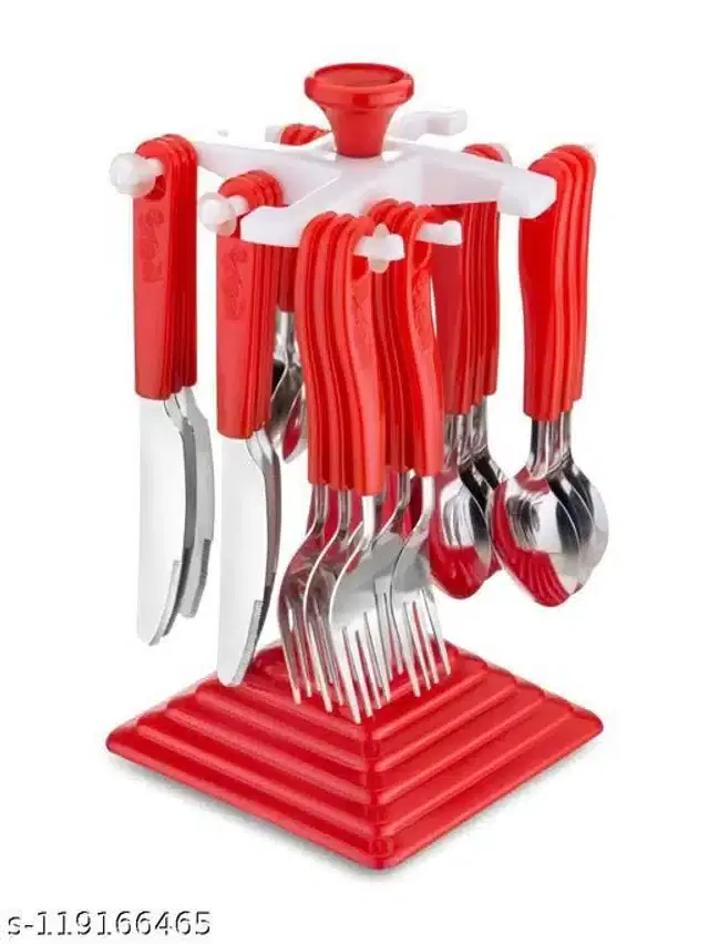 Stainless Steel Spoon Set with Stand, Red, Pack of 24