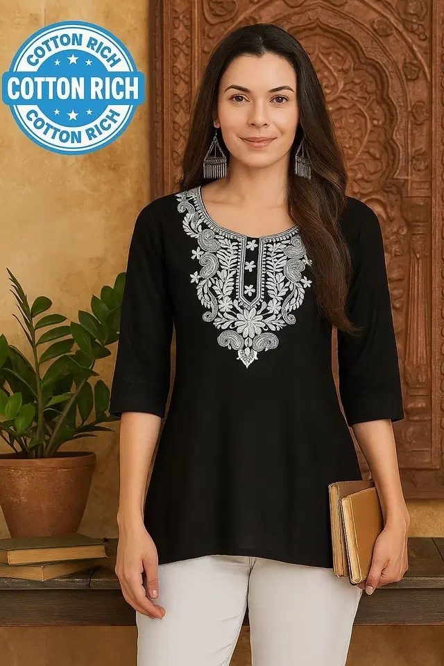 Cotton Embroidered Short Kurti for Women, Black (XL)