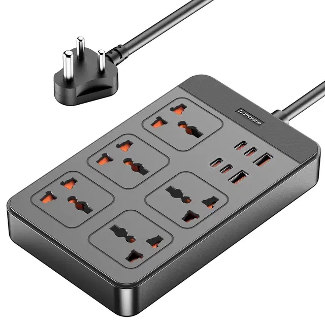 Ambrane Extension Board, 4 Type C, 2 Usb, 5 International Power Sockets, 2500w Output, Long Cable, Wall Mount Option, Supports Laptop Charging For Office, Home Appliances (SmartStrip 2 Pro, Black)