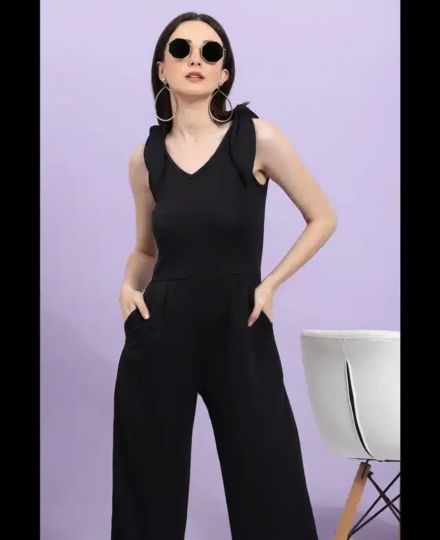 Sleeveless Solid Jumpsuit for Women (Black, S)