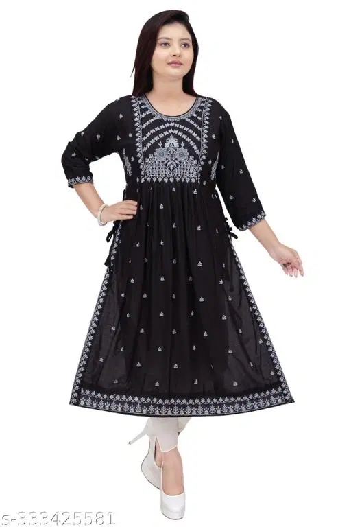 Rayon Naira Cut Kurta for Women (Black, XL)