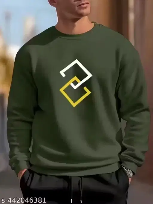 Square Printed Fleece Sweatshirt for Men, Olive (XXL)