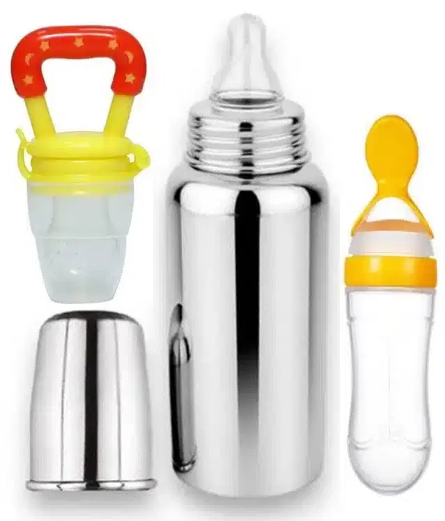 Steel Milk Bottle with Food & Fruit Feeder, Multicolor, Set of 3