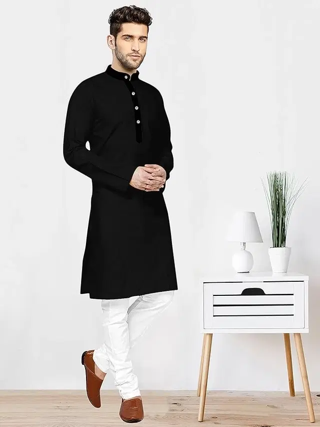 Cotton Blend Solid Kurta for Men, Black (L)