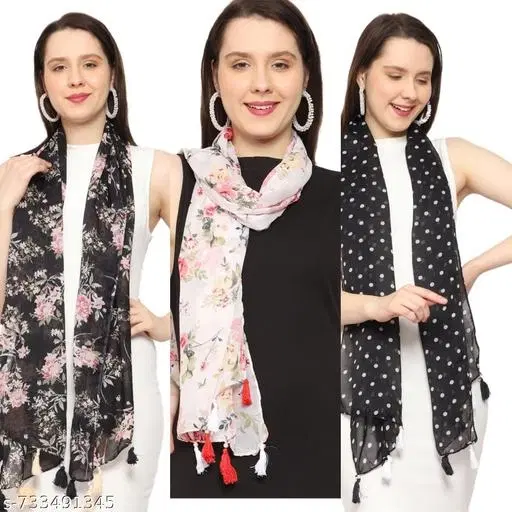 Poly Chiffon Scarves for Women, Multicolor, Pack of 3