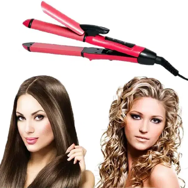 Plastic Hair Straightener cum Curler, Pink & Black, 100 W