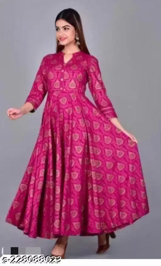 Block Print Cotton Blend Anarkali Kurti for Women ,Pink (M)