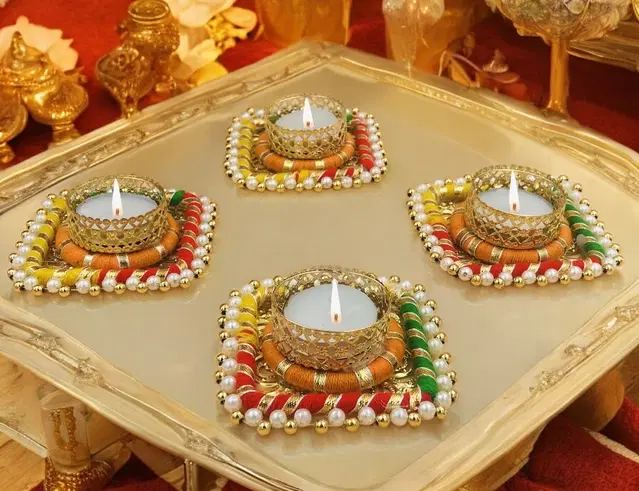 Metal Designer Tealight Candle Holder, Multicolor, 8x8x2.5 cm, Pack of 4