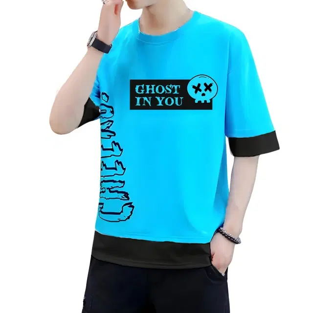 Cotton Blend Round Neck T-Shirts for Boys (Sky Blue, 8-9 Years)