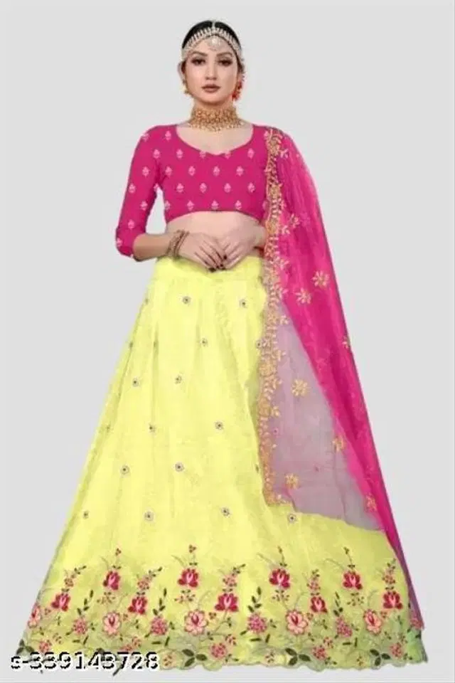 Net Lehenga with Choli & Dupatta for Women (Yellow & Pink, Free Size)
