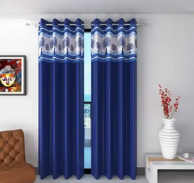 Polyester Patch Worked Window & Door Curtains, Pack of 2, Blue, 5 feet