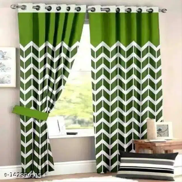 Polyester Window Curtain, Green & White, 5 Feet, Pack of 2