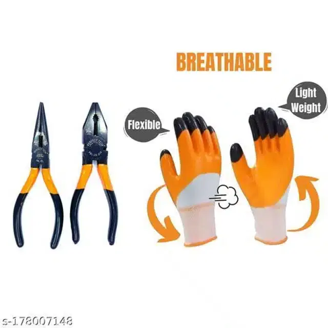 Safety Hand Gloves with Combination & Long Nose Plier, Set of 3, Orange & Black