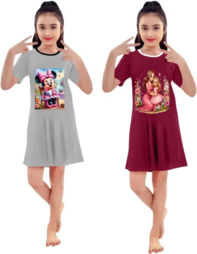 Graphic Print Shift Dress for Girls, Pack of 2 (Grey & Mrn, 2-3 Y)