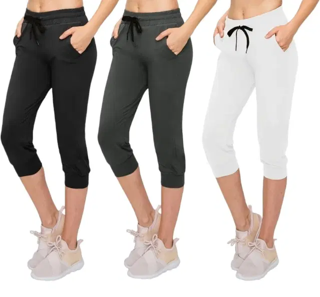 Cotton Solid Capris for Women, Pack of 3 (Multicolor, L)