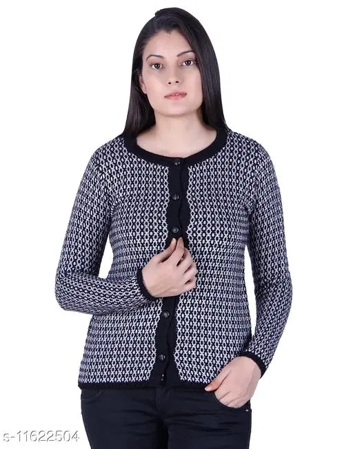 Acrylic Solid Sweater for Women (Black & Grey, L)