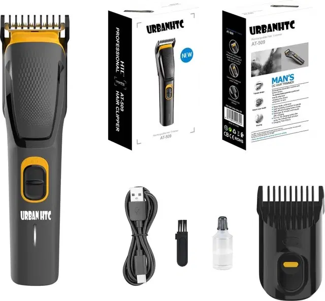 UrbanHTC AT 509 Trimmer for Men, Black Waterproof Stainless Steel Blade Trimmer 45 min Runtime 5 Length Settings