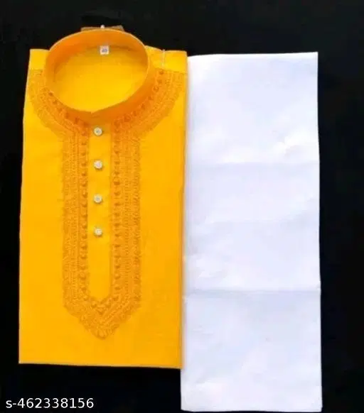 Cotton Solid Kurta Set for Men, White & Yellow (M)