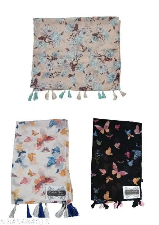 Poly Chiffon Printed Scarves for Women, Multicolor, Pack of 3