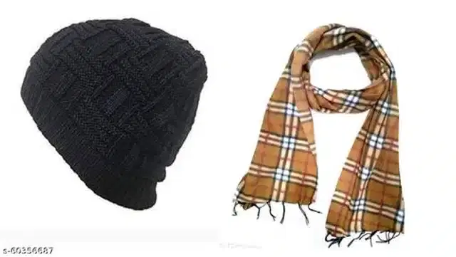 Woolen Winter Muffler with Beanie Cap for Men, Set of 2 (Brown & Black, Free Size)