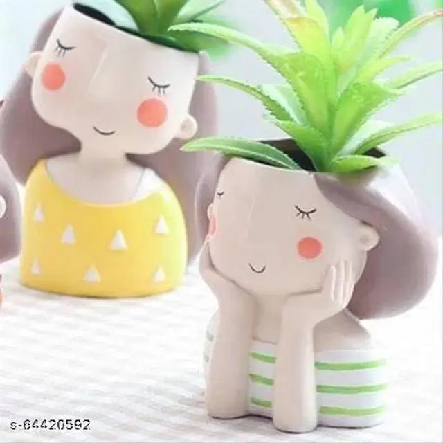 Ceramic Decorative Cute Girls Pot for Home Decor, Multicolor, Pack of 2