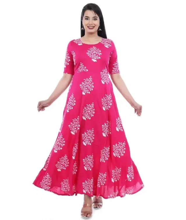 Anarkali Half Sleeves Gown for Women (Pink, XL)