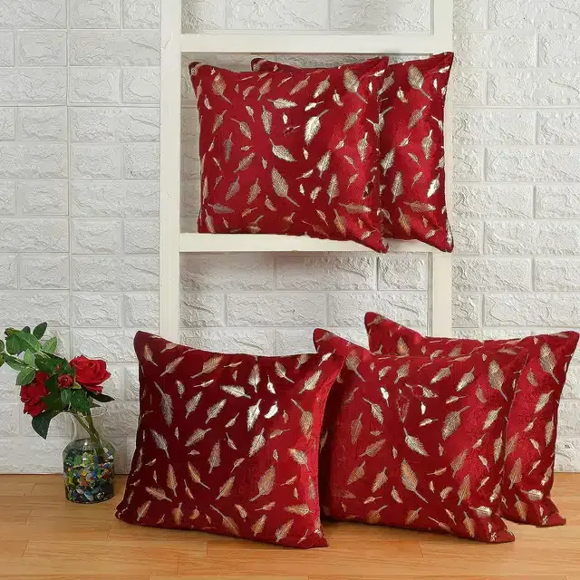 Velvet Cushion Covers with Back Zipper, Maroon, 16x16 Inches, Pack of 5