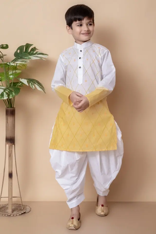Cotton Embroidery Kurta with Dhoti for Boys, Yellow & White (6-12 Months)