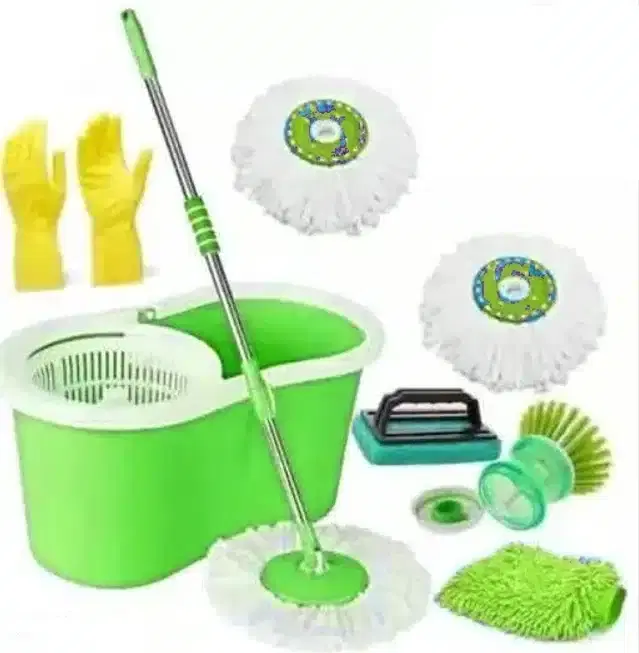 Plastic Bucket Spin Mop with 3 Refills Set & Cleaning Accessories Combo, Green, Set of 5