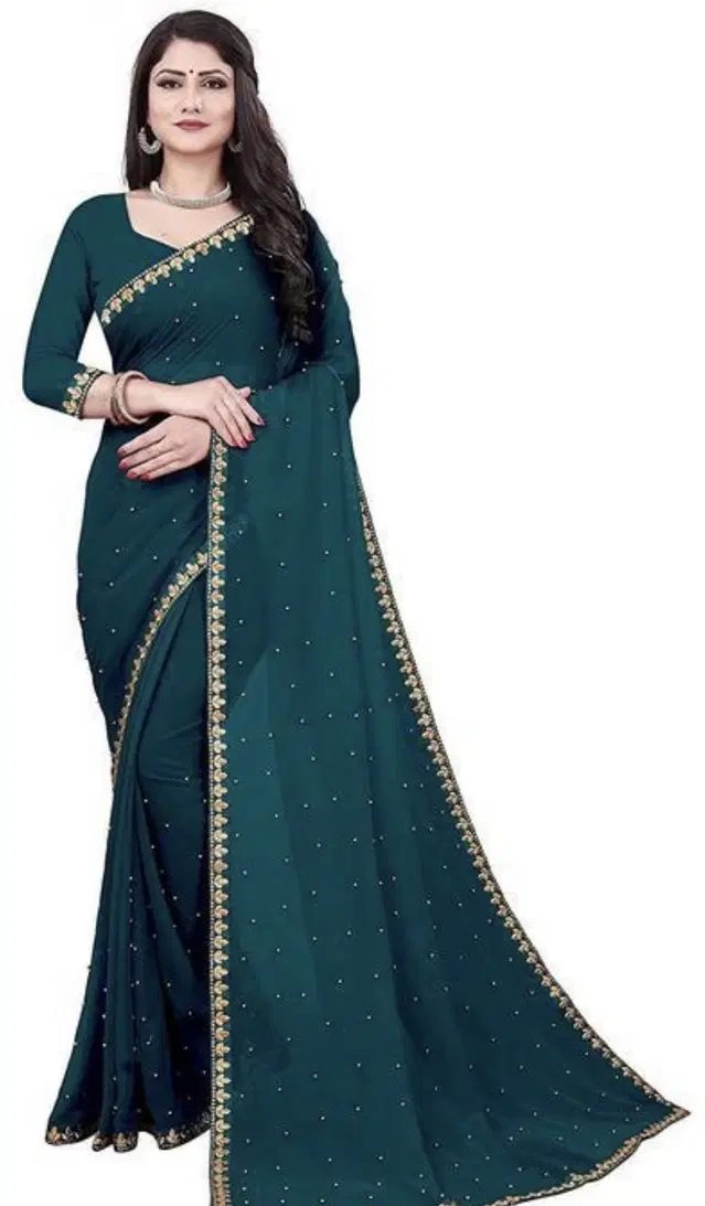 Lycra Blend Embroidered Saree for Women (Teal, 6.3 m)