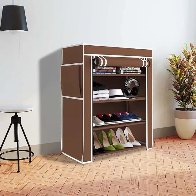VEERJI 4 layer Collapsible Wardrobe, Finish Color - Brown, DIY (Do-It-Yourself