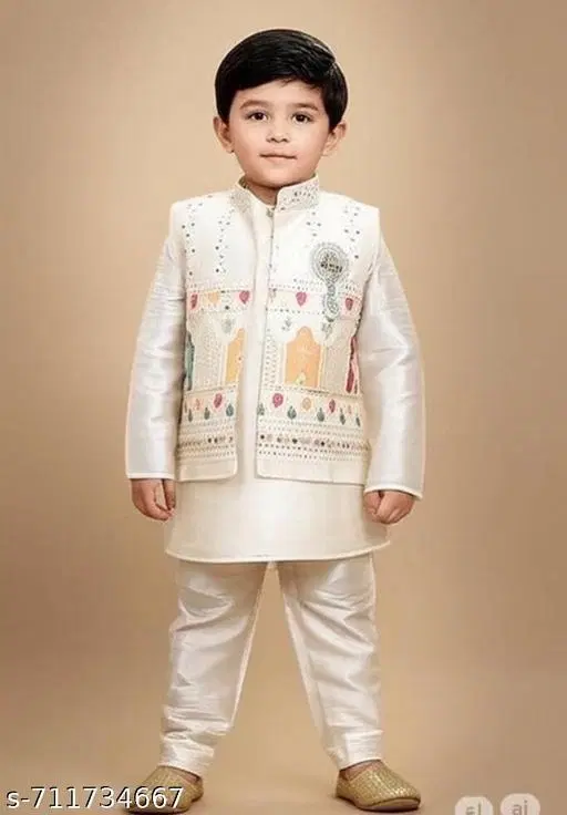 Embroidered Cotton Kurta Set for Boys (White, 4-5 Years)