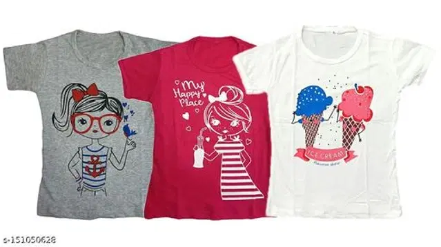 Round Neck Printed T-Shirt for Girls, Pack of 3 (Multicolor, 18-24 Months)
