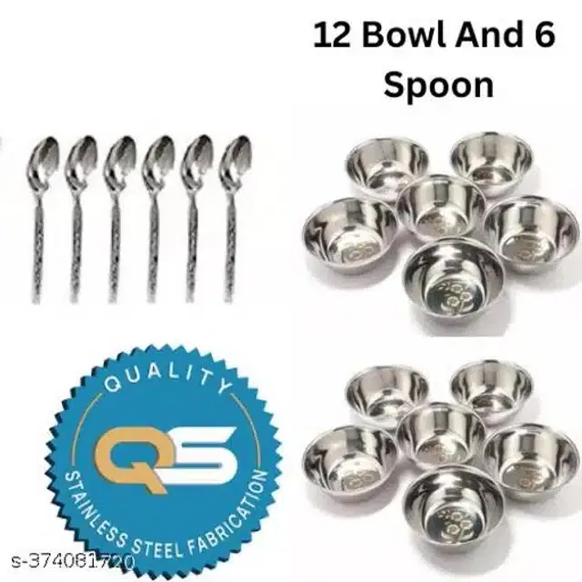 Stainless Steel 12 Pcs Bowls with 6 Pcs Spoon, Silver, Set of 2