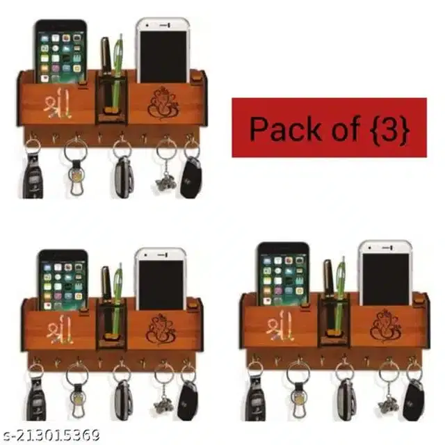 Wooden Mobile cum Key Holder, Brown, Pack of 3