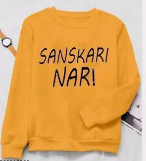 Round Neck Printed Sweatshirt for Women (Yellow, S)