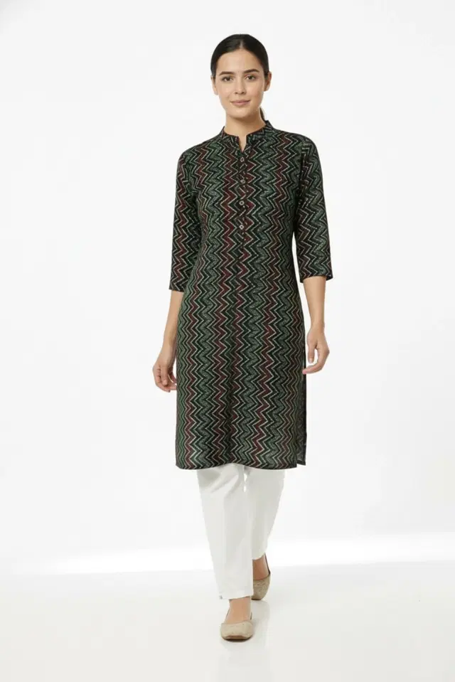 Cotton Blend Printed Kurti for Women, Green (L)